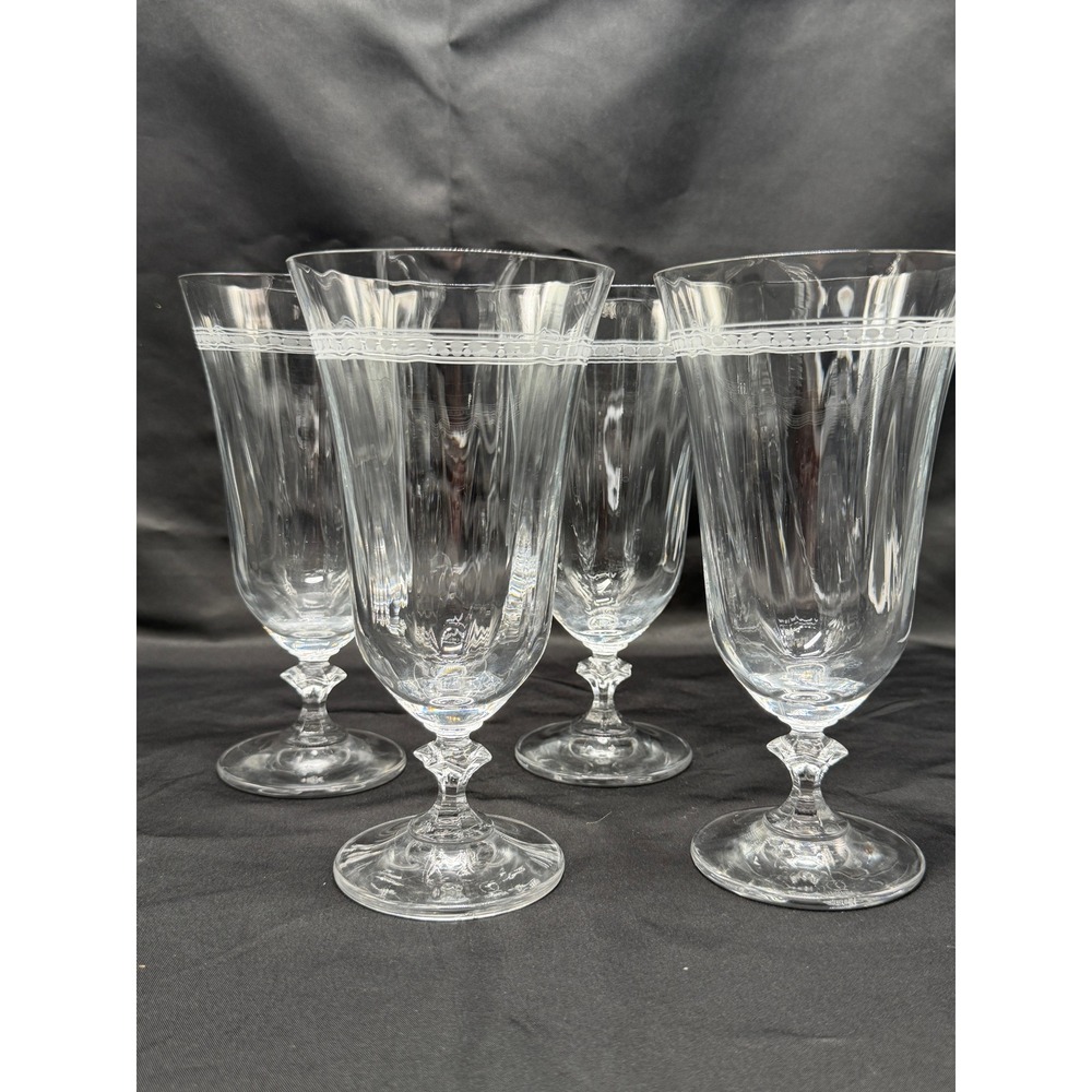Bavaria Crystal Iced Tea Glasses Etched Circle Band Optic Ribbed Set/4